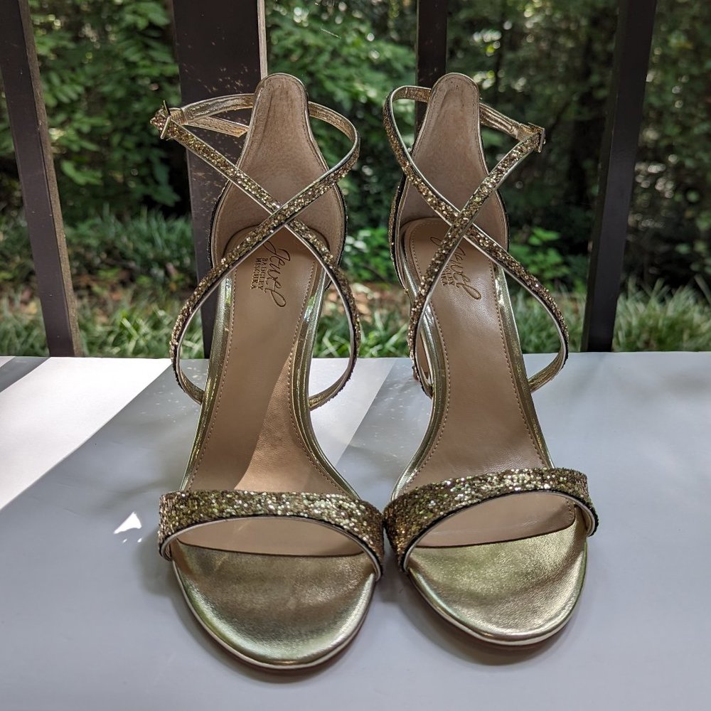 BADGLEY MISCHKA Dimitra Sandals Stiletto Heel in Gold Glitter Size 7 - Picture 3 of 4